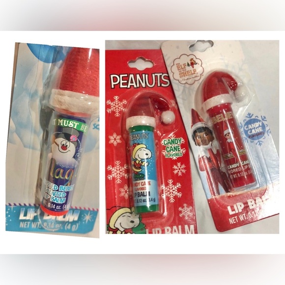 3pack Santa hat Elf on the Shelf, Snoopy & Frosty the snowman flavored lip balms - Picture 1 of 11